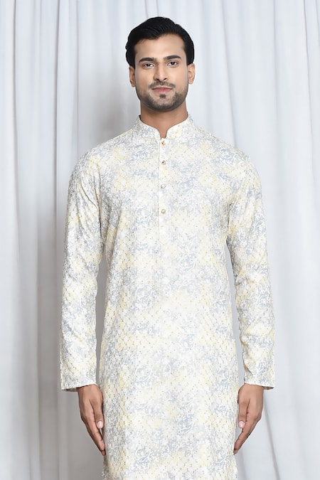 Arihant Rai Sinha Yellow Cotton Embroidery, Sequins Floral Haze Print Kurta Online at Aza Fashions Arihant Rai Sinha_Yellow Cotton Embroidery, Sequins Floral Haze Print Kurta _Online_at_Aza_Fashions