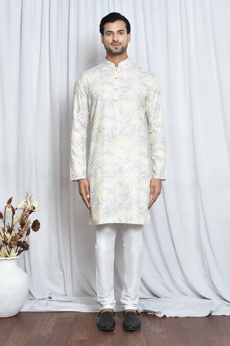 Buy_Arihant Rai Sinha_Yellow Cotton Embroidery, Sequins Floral Haze Print Kurta _Online_at_Aza_Fashions