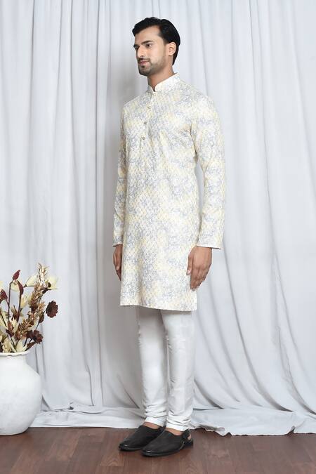 Shop_Arihant Rai Sinha_Yellow Cotton Embroidery, Sequins Floral Haze Print Kurta _Online_at_Aza_Fashions
