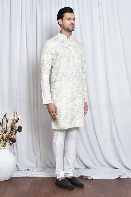 Arihant Rai Sinha_Yellow Cotton Embroidery, Sequins Floral Haze Print Kurta _at_Aza_Fashions