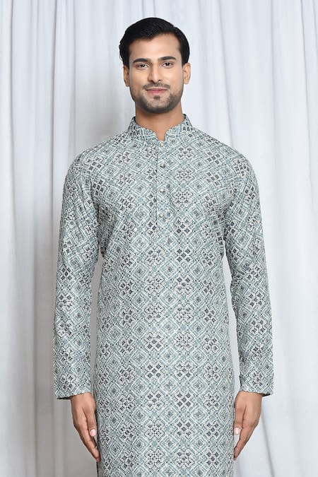 Buy_Arihant Rai Sinha_Green Cotton, Polyester Sequins Moroccan Print Kurta Set _Online_at_Aza_Fashions