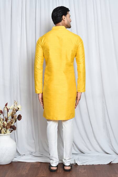 Shop_Arihant Rai Sinha_Yellow Silk Embroidery Mandarin Collar Plain Kurta _at_Aza_Fashions