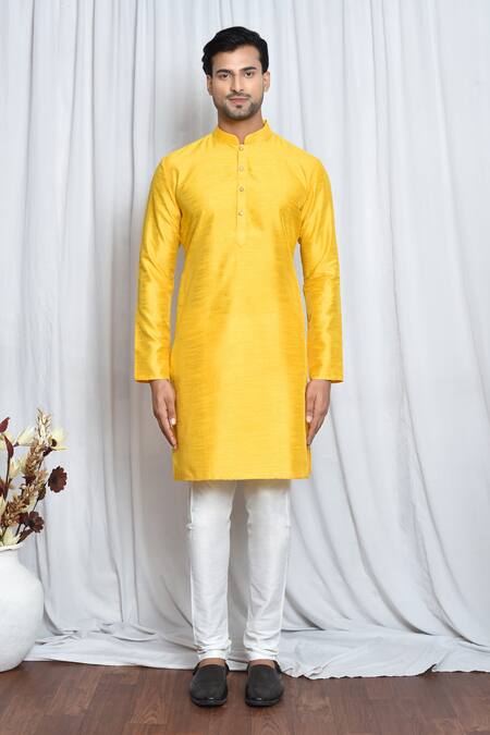 Buy_Arihant Rai Sinha_Yellow Silk Embroidery Mandarin Collar Plain Kurta _Online_at_Aza_Fashions