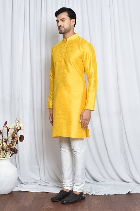 Shop_Arihant Rai Sinha_Yellow Silk Embroidery Mandarin Collar Plain Kurta _Online_at_Aza_Fashions
