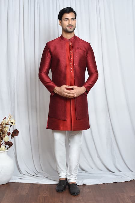 Aryavir Malhotra Red Sherwani Jacquard Woven And Embroidered Chevron Pattern & Sequin Layered Set