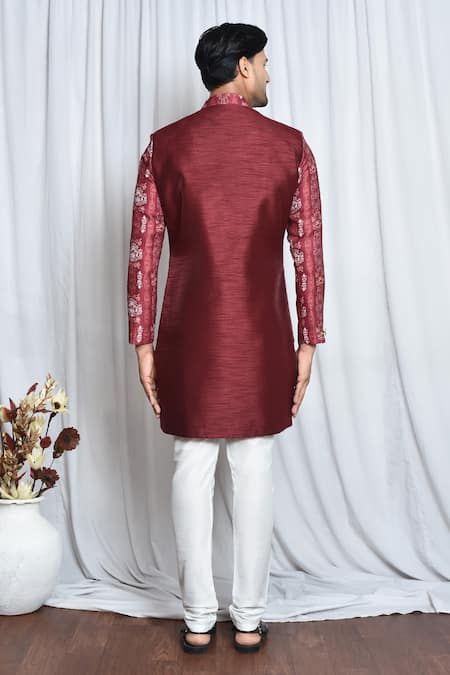 Shop_Arihant Rai Sinha_Maroon Cotton, Polyester, Viscose Metallic Vintage Print Layered Sherwani Set _at_Aza_Fashions