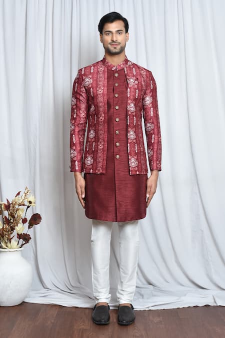 Buy_Arihant Rai Sinha_Maroon Cotton, Polyester, Viscose Metallic Vintage Print Layered Sherwani Set _Online_at_Aza_Fashions