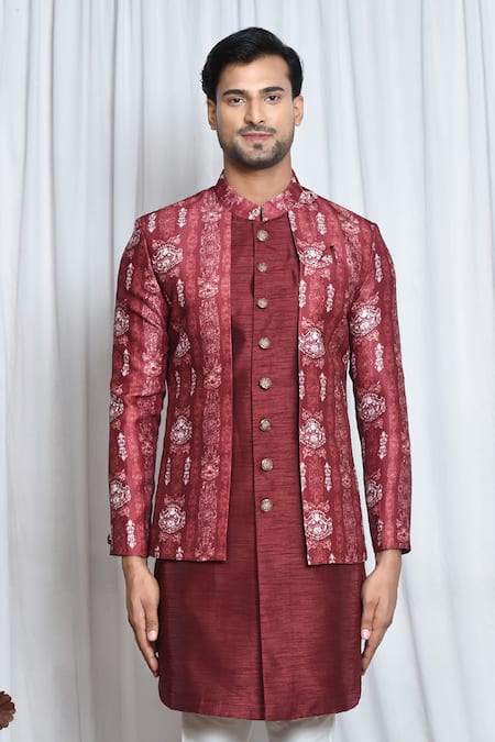 Shop Arihant Rai Sinha Maroon Cotton, Polyester, Viscose Metallic Vintage Print Layered Sherwani Set Online at Aza Fashions Shop_Arihant Rai Sinha_Maroon Cotton, Polyester, Viscose Metallic Vintage Print Layered Sherwani Set _Online_at_Aza_Fashions