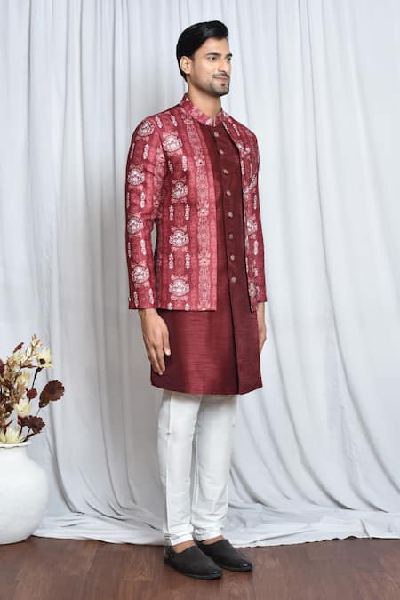 Arihant Rai Sinha_Maroon Cotton, Polyester, Viscose Metallic Vintage Print Layered Sherwani Set _at_Aza_Fashions