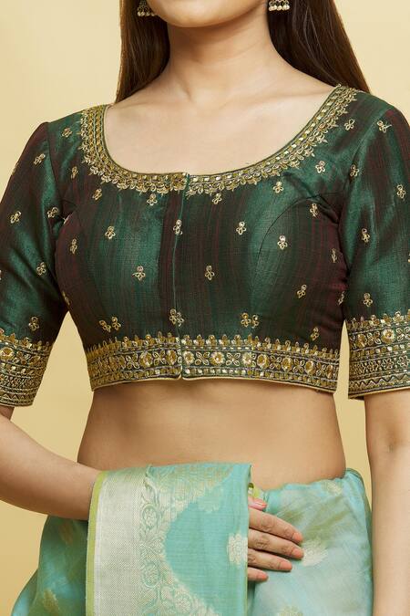 Samyukta Singhania_Green Silk Embroidery V-neck Zari Blouse_at_Aza_Fashions
