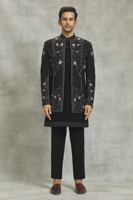 Shop Nero By Shaifali And Satya Black Suiting Fabric Hand Embroidered Floral Jacket Kurta Set Online at Aza Fashions Shop_Nero By Shaifali And Satya_Black Suiting Fabric Hand Embroidered Floral Jacket Kurta Set_Online_at_Aza_Fashions