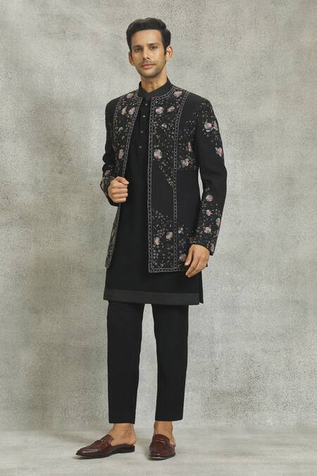 Buy Nero By Shaifali And Satya Black Suiting Fabric Hand Embroidered Floral Jacket Kurta Set Buy_Nero By Shaifali And Satya_Black Suiting Fabric Hand Embroidered Floral Jacket Kurta Set