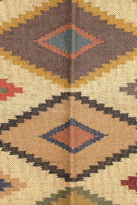 Nakshikathaa - Homeware_Multi Color Jute Wool Hand Woven Diamond Pattern Rug_Online_at_Aza_Fashions