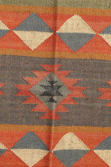 Nakshikathaa - Homeware_Multi Color Jute Wool Hand Woven Stripe Pattern Rug_Online_at_Aza_Fashions