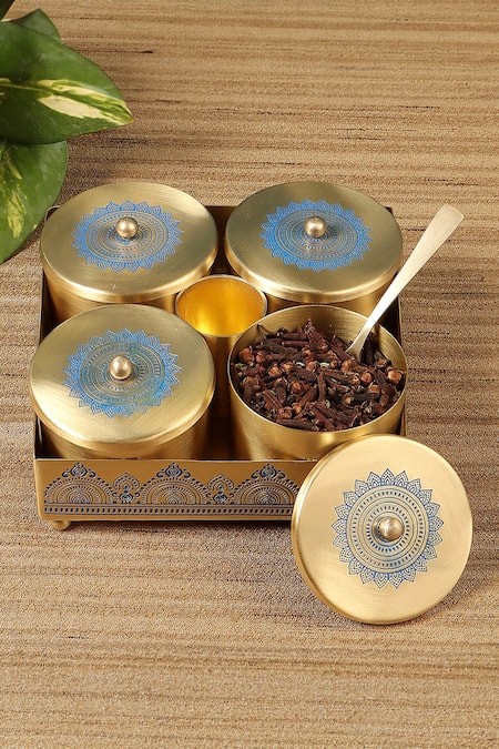 Nakshikathaa - Homeware Dohar Brass Condiment Jars Set Set of 7 