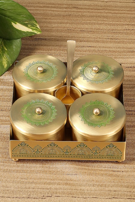 Nakshikathaa - Homeware Dohar Brass Condiment Jars Set Set of 7 