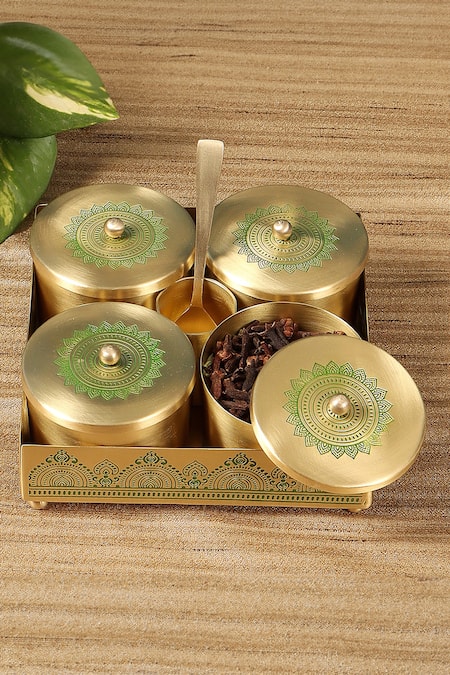 Nakshikathaa - Homeware Dohar Brass Condiment Jars Set Set of 7 