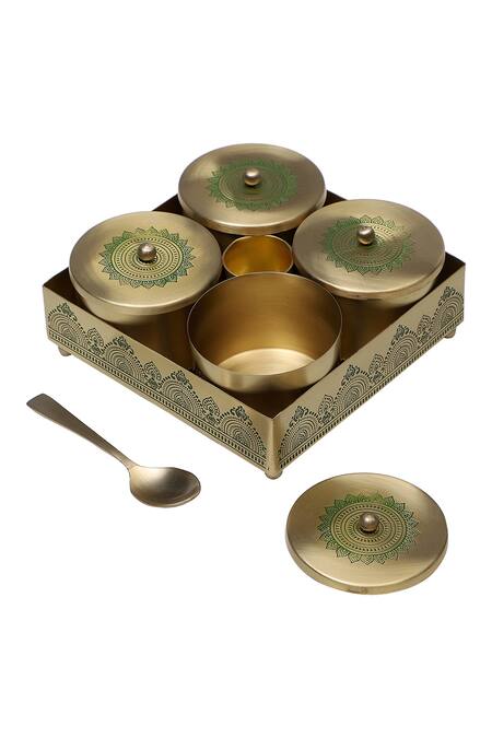 Nakshikathaa - Homeware_Gold Brass Dohar Condiment Jars Of 7 _Online_at_Aza_Fashions