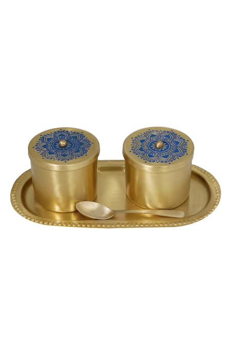 Nakshikathaa - Homeware Utsav Brass Condiment Jars With Tray & Spoon 