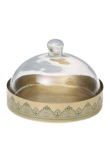 Shop Nakshikathaa - Homeware Gold Alloy Dohar Brass Cookie Tray With Glass Cloche at Aza Fashions Shop_Nakshikathaa - Homeware_Gold Alloy Dohar Brass Cookie Tray With Glass Cloche_at_Aza_Fashions