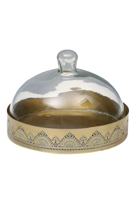 Nakshikathaa - Homeware Dohar Brass Cookie Tray With Glass Cloche 