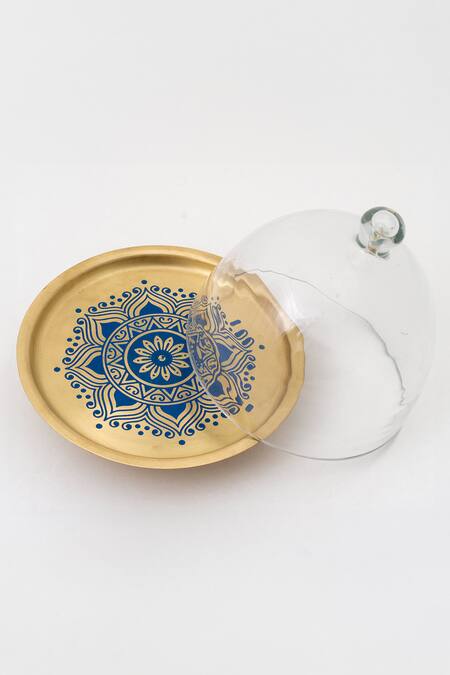 Nakshikathaa - Homeware Utsav Brass Cake Stand with Glass Cloche 