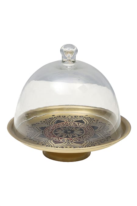 Nakshikathaa - Homeware Utsav Brass Cake Stand With Glass Cloche 