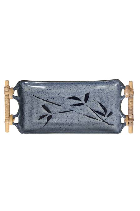 Shop Nakshikathaa - Homeware Blue Clay Studio Pottery Rectangular Platter With Cane Handle at Aza Fashions Shop_Nakshikathaa - Homeware_Blue Clay Studio Pottery Rectangular Platter With Cane Handle_at_Aza_Fashions