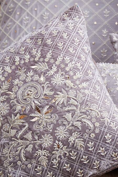 Nakul Sen_Grey Cotton Embroidered Velvet Cushion Cover With Filler Single Pc_Online_at_Aza_Fashions
