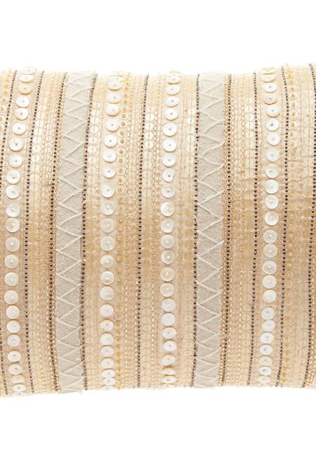 Nakul Sen_Beige Raw Silk Embroidered Embellished Cushion Cover With Filler Single Pc_Online_at_Aza_Fashions