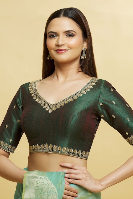 Samyukta Singhania_Green Silk Embroidery V-neck Floral And Zari Blouse _Online_at_Aza_Fashions
