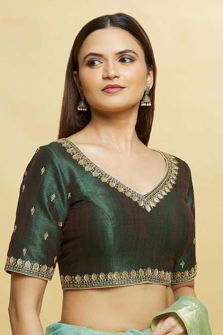 Shop_Samyukta Singhania_Green Silk Embroidery V-neck Floral And Zari Blouse _Online_at_Aza_Fashions