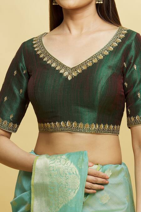 Samyukta Singhania_Green Silk Embroidery V-neck Floral And Zari Blouse _at_Aza_Fashions