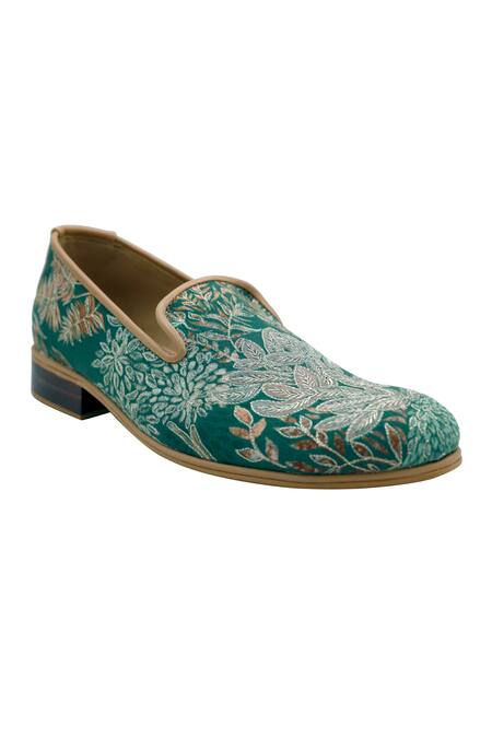 Pako_Green Printed John Floral Embroidered Loafers  _Online_at_Aza_Fashions