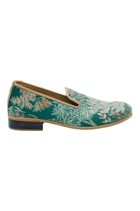 Buy_Pako_Green Printed John Floral Embroidered Loafers  _Online_at_Aza_Fashions