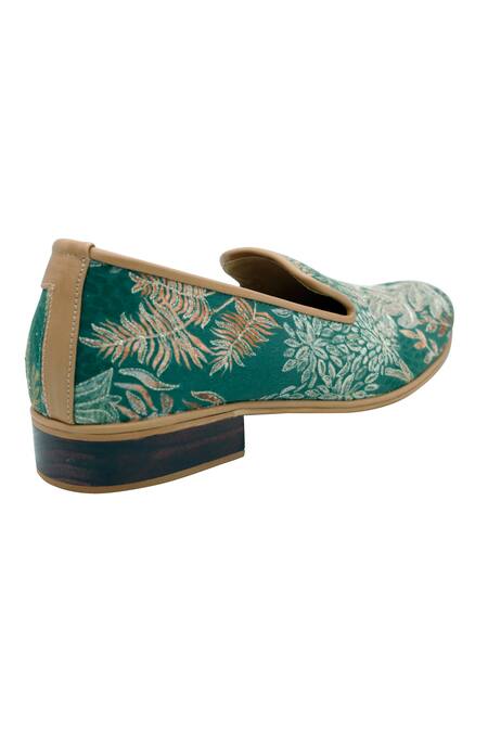 Shop_Pako_Green Printed John Floral Embroidered Loafers  _Online_at_Aza_Fashions