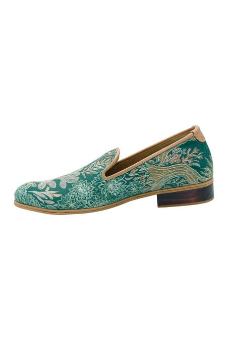 Pako_Green Printed John Floral Embroidered Loafers  _at_Aza_Fashions