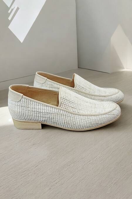 Shop_PAKO_White Textured Philip Tweed Loafers  _at_Aza_Fashions