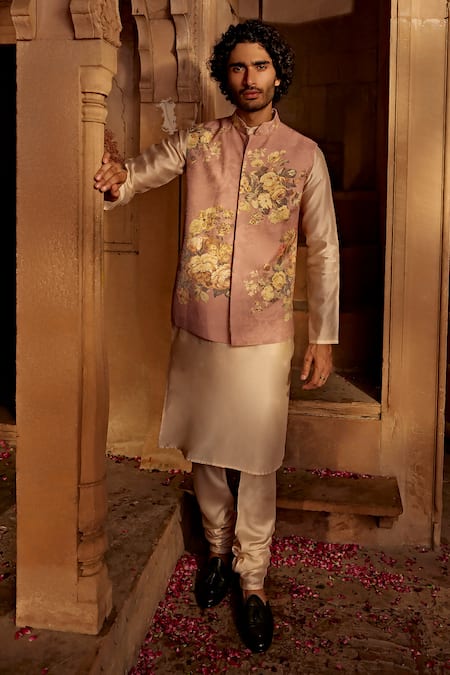 Kalista Pink Bundi Raw Silk Printed Floral Sufiyan Kurta Set
