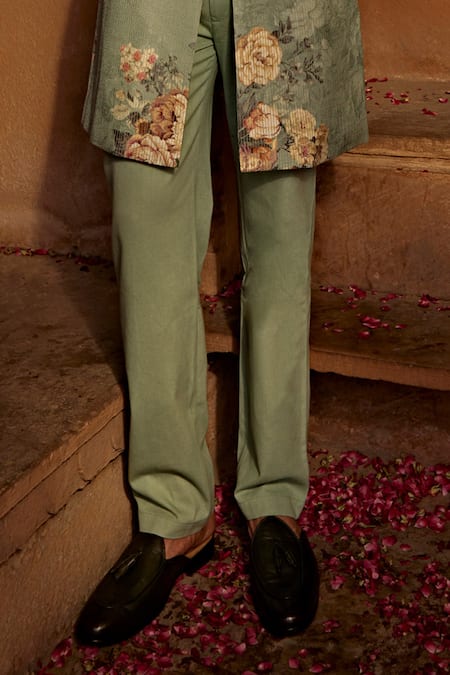 Kalista_Blue Silk, Twill Embroidery Saif Floral Pattern Sherwani Set _Online_at_Aza_Fashions