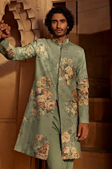 Kalista_Blue Silk, Twill Embroidery Saif Floral Pattern Sherwani Set _at_Aza_Fashions