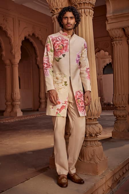 Buy_Kalista_Multi Color Silk, Twill Embroidery Ridhwan Floral Pattern Sherwani Set _Online_at_Aza_Fashions