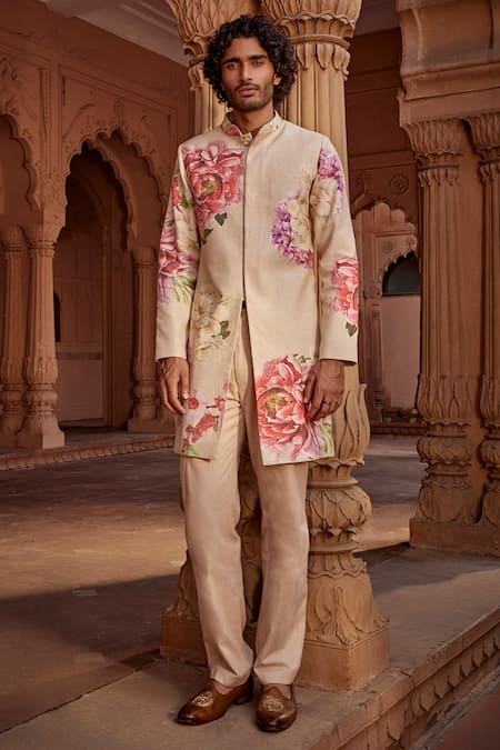 Shop_Kalista_Multi Color Silk, Twill Embroidery Ridhwan Floral Pattern Sherwani Set _Online_at_Aza_Fashions