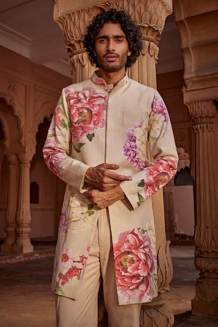 Kalista_Multi Color Silk, Twill Embroidery Ridhwan Floral Pattern Sherwani Set _at_Aza_Fashions