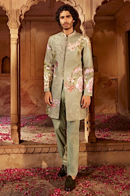Kalista Beige Sherwani Raw Silk Floral Aadar Pattern Set