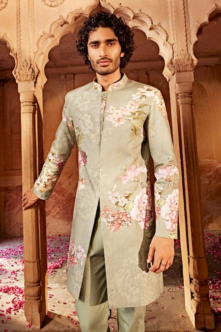 Buy Beige Silk, Twill Embroidery Aadar Floral Pattern Sherwani Set
