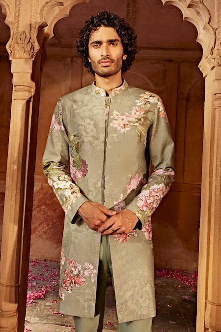 Buy_Kalista_Beige Silk, Twill Embroidery Aadar Floral Pattern Sherwani Set _Online_at_Aza_Fashions