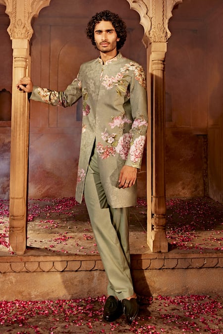 Shop_Kalista_Beige Silk, Twill Embroidery Aadar Floral Pattern Sherwani Set _Online_at_Aza_Fashions