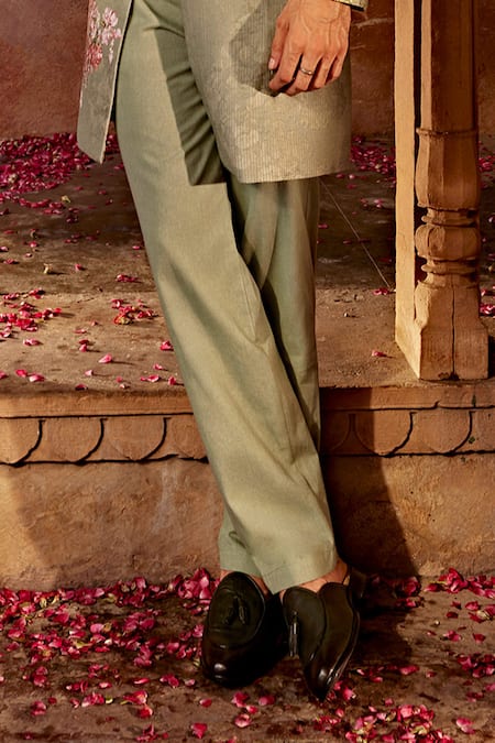 Kalista_Beige Silk, Twill Embroidery Aadar Floral Pattern Sherwani Set _at_Aza_Fashions