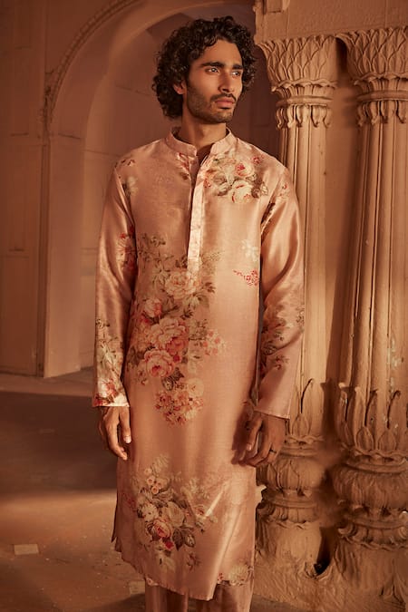 Kalista_Pink Chanderi Embroidery Floral Print Kurta Set _Online_at_Aza_Fashions